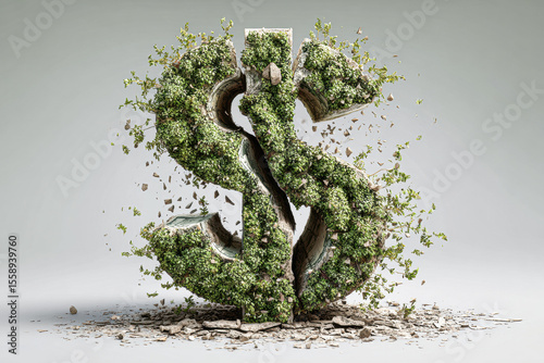 A large dollar sign made of soil and greenery is breaking apart, symbolizing environmental impact on finance or the fragility of money.