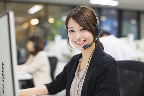 Plakat 笑顔で電話対応するコールセンターの女性オペレーター