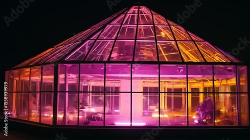 Illuminated glass greenhouse at night, showcasing vibrant colors and modern design, with plants inside