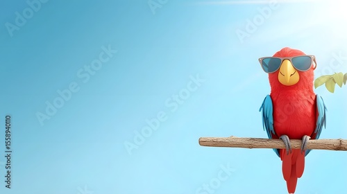 Vibrant and colorful cartoon parrot with stylish sunglasses perched on a wooden branch in a tropical setting
