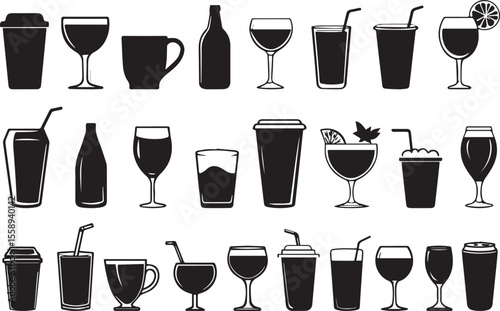 Beverages or drinks icon set. Containing bottle, wine glass, coconut, mineral water, tea, coffee, beer, soda can, juice, cup, cocktail.