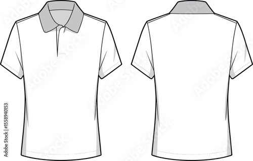 Stylish White Polo Shirt Template for Fashion Design, Casual Wear, Sportswear Apparel, Technical Flat Sketch, Front and Back View Mockup, Vector Illustration for Garment Industry