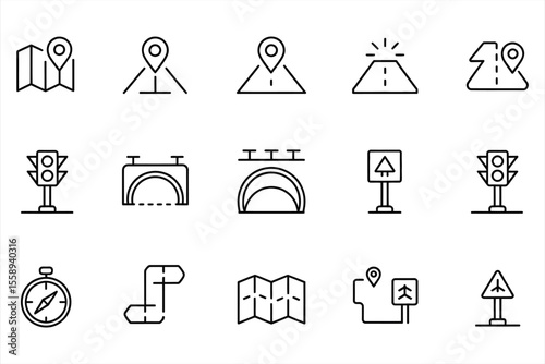 Collection of navigation and travel icons in a clean line art silhouette style