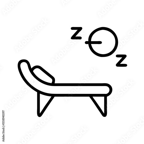 Line art of lounge chair with sleeping person and sun symbol  