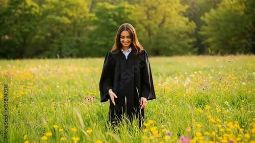 Young woman in graduation gown smiles in a vibrant flower field during sunset, celebrating achievement