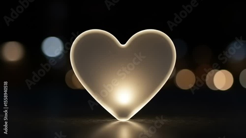 Illuminated heart-shaped object glowing softly against a blurred night background with bokeh lights