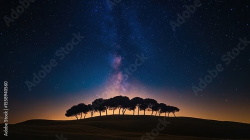Starry Night Serenity: Silhouetted Trees Under the Milky Way