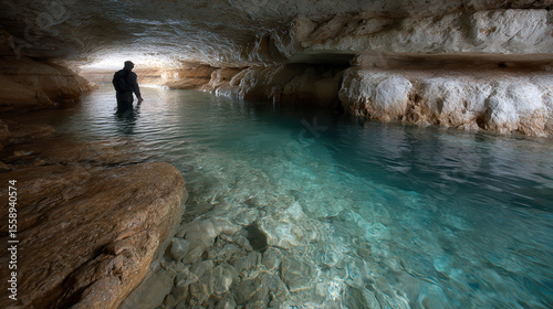 portrait of speleologist exploring underground lake captured in dynamic shot with neutral expression