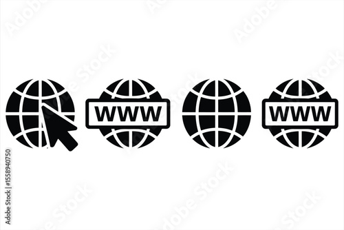 Collection of four black globe icons with www and cursor symbols silhouette