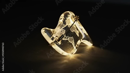 Illuminated glass sculpture of a world map showcasing intricate details and glowing edges