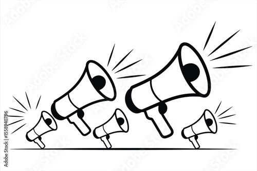 Multiple megaphones announcing loudly with sound waves silhouette