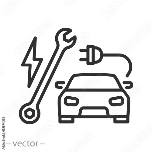 repair electric car icon, electric vehicle service station, auto repair, wrench with plug, charging transport, thin line symbol on white background - editable stroke vector illustration eps 10