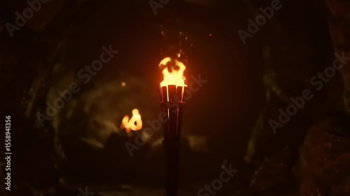 Illuminated torch standing in a dark cave, casting flickering shadows on rocky walls, creating mystery