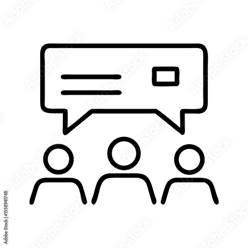 Three people discussing ideas with speech bubbles above them  