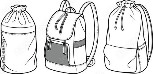 Stylish Flat Sketch Drawing of Modern Drawstring and Flap Backpacks, Detailed Technical Illustration for Fashion Design, Casual Accessory Vector Art.