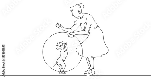 Continuous one line drawing trained dog. Animal trainer. Circus artist with a dog. Circus. One continuous line isolated minimal illustration.Not AI.