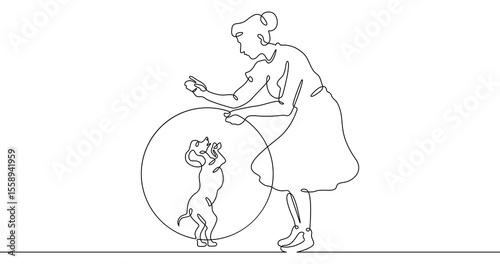 Continuous one line drawing trained dog. Animal trainer. Circus artist with a dog. Circus. One continuous line isolated minimal illustration.Not AI.