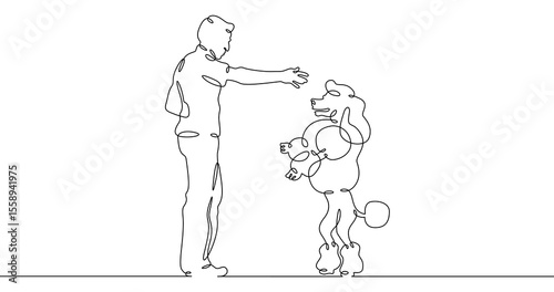 Continuous one line drawing trained dog. Animal trainer. Circus artist with a dog. Circus. One continuous line isolated minimal illustration.Not AI.