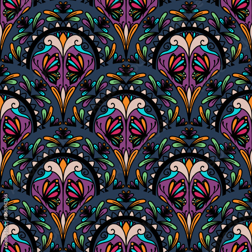 250699 colorful line floral seamless scallop pattern, motifs floral hand drawn, scribble style, scallop pattern, design for seamless floral pattern, printing, wrapping, background and craft
