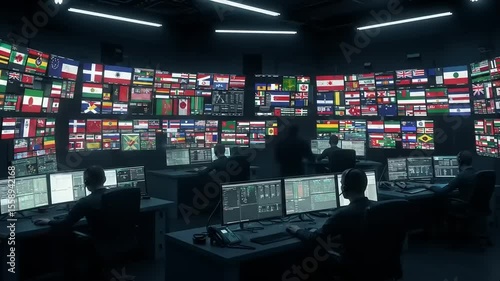 Control room filled with screens displaying various country flags, technicians monitoring data