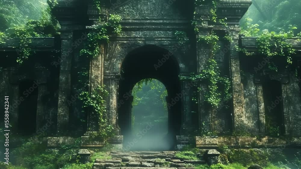 A cinematic journey towards a mysterious, overgrown temple gate, hidden deep in a misty jungle, providing an epic background for fantasy, adventure, and stories of lost civilizations.