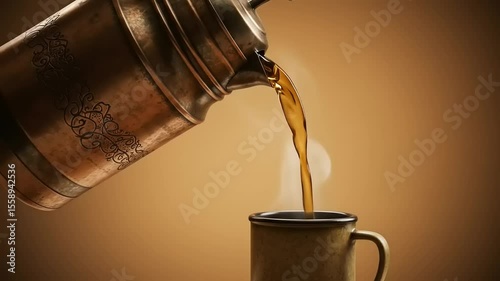 Copper kettle pouring steaming tea into a rustic mug against a warm, neutral background