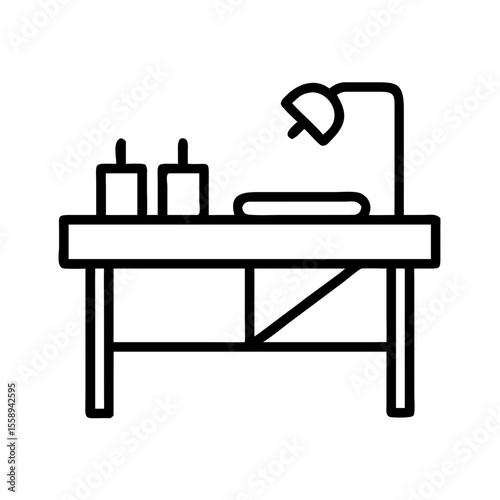 Minimalist workspace table with lamp and candles in black outline  