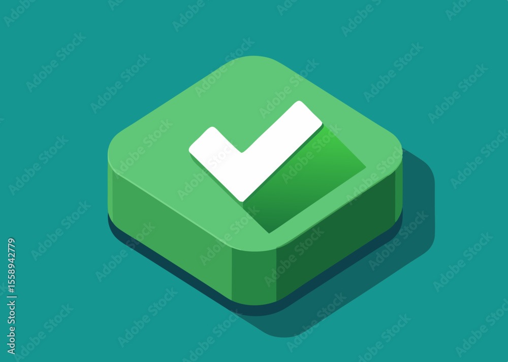Isometric Green Check Mark Button Digital Interface Element
