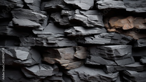Dark gray layered rock formation with rough texture and irregular shapes tightly stacked together creating a natural stone wall with some brownish patches and shadows