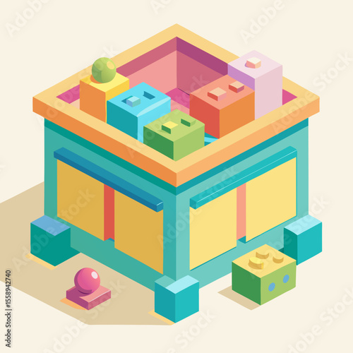 Isometric Illustration of a Colorful Building Made of Toy Blocks