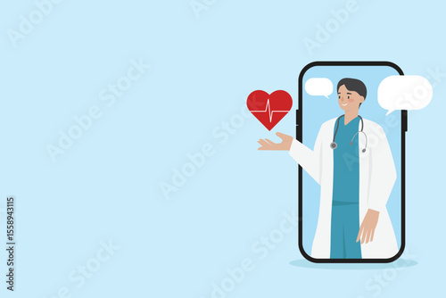 Telemedicine, Modern healthcare apps with doctors, medical Concept for Telehealth, health tech ads, digital health blogs, and online medical service with copy space vector flat illustration.