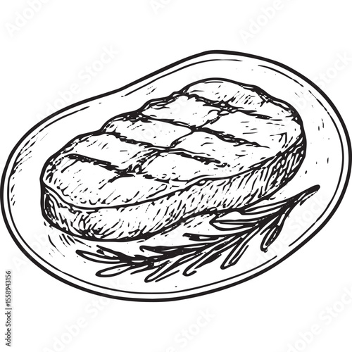 Sketch of a grilled steak with herb garnish, ideal for gourmet food designs