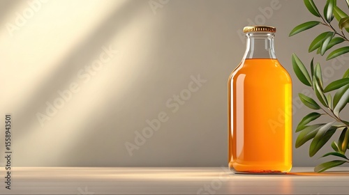 Orange Juice Bottle Mockup:  A refreshing drink in a clear glass bottle, golden cap,  with sunlight and green leaves.
