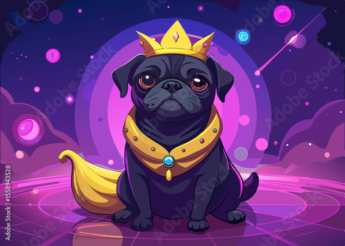 Majestic Black Pug King in a Golden Crown and Collar in Space