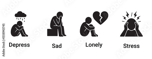 burnout, fatigue icon, Anxiety icon , Depress, sad, lonely, stress concept icon set. vector illustration