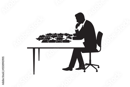 Man Solving Puzzle at Desk Silhouette Businessman Thinking with Puzzle Pieces