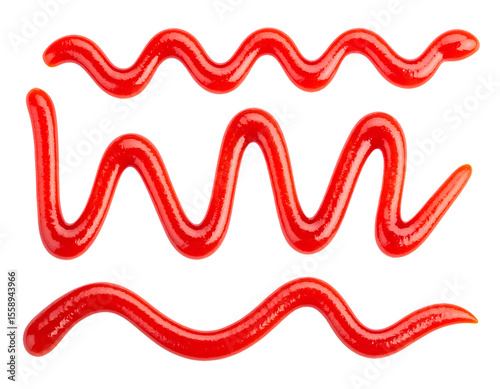 multiple ketchup squiggle lines in artistic zigzag and wave shapes with glossy texture on isolated background
