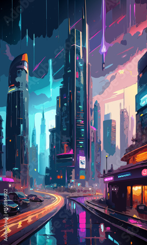 Futuristic Cityscape at Night with Neon Lights and Flying Vehicles