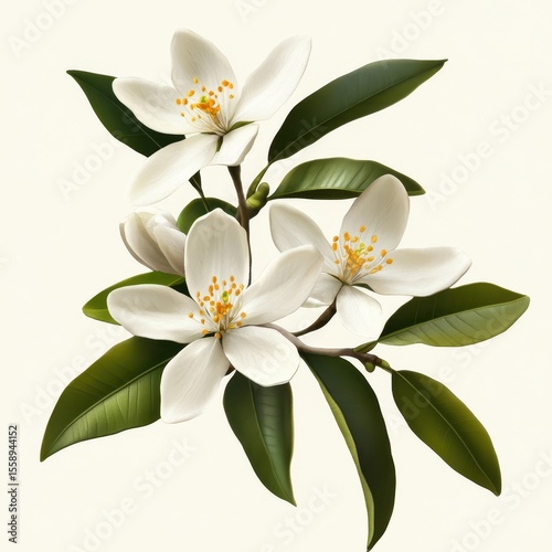 A digital illustration of three pristine white citrus blossoms clustered on a branch with vibrant green leaves, isolated on a white background