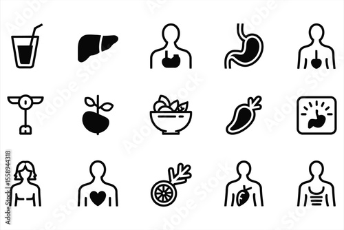 Collection of medical and health icons with human anatomy and food silhouette