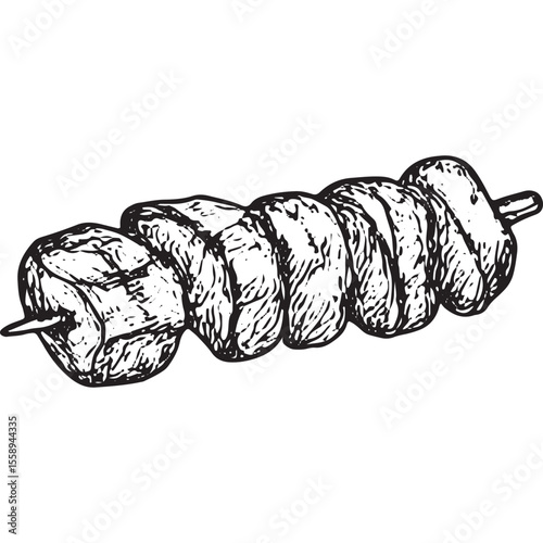 Hand-drawn sketch of a juicy meat kebab skewer, perfect for barbecue illustrations