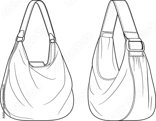 Stylish Slouchy Hobo Bag Design, Versatile Everyday Shoulder Handbag with Adjustable Strap, Fashionable Accessory for Women, Casual Chic Aesthetic, Digital Illustration Template, Flat Sketch