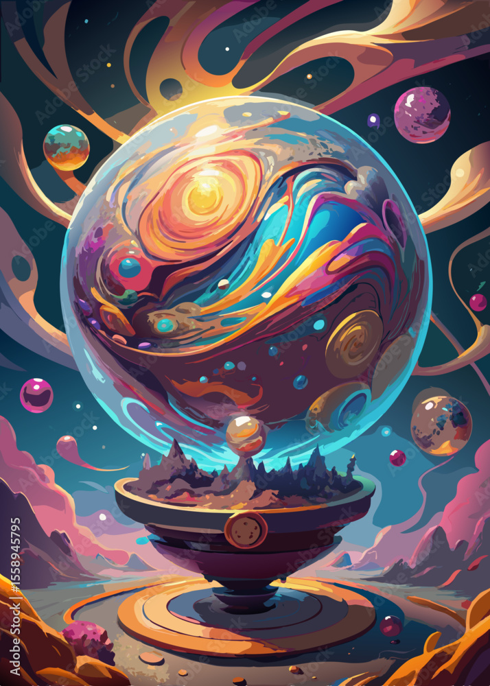 Fototapeta premium Colorful Cosmic Sphere with Floating Planets and Landscape