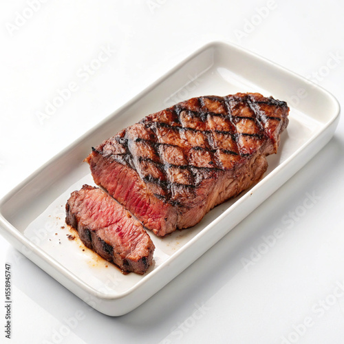 A prime cut of grilled steak, emphasizing its appealing texture and doneness on a bright white plate.
