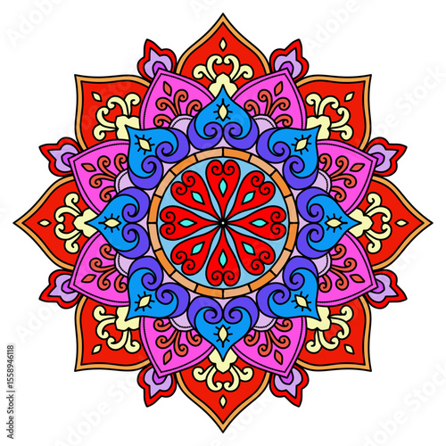 Vibrant mandala with intricate floral patterns, vector illustration of a decorative ornament, Vintage decorative elements. Oriental pattern, for decoration, wall art, carpet, bright color