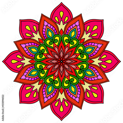 vector illustration of a flower, Blossom Mandala Shape. Circular pattern in form of mandala, tattoo, decoration. Decorative ornament in ethnic oriental style., colorful, Islam, Arabic, Indian