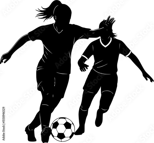 two female soccer players in a dynamic play. One  player is actively dribbling the ball, while the other is following closely, suggesting a chase or defensive move