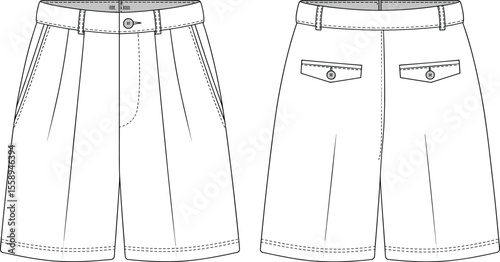 "Versatile Women's Pleated Bermuda Shorts Design, Front and Back Views, Fashion Flat Sketch, Technical Drawing, Apparel Template for Adobe Stock"