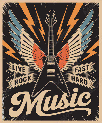 Vector illustration featuring a bold rock & roll theme, flying V-style electric guitar t-shirt print, vintage grunge graphic design. gutter with wings , easily editable 