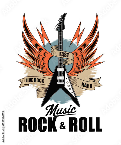 Vector illustration featuring a bold rock & roll theme, flying V-style electric guitar t-shirt print, vintage grunge graphic design. gutter with wings , easily editable 